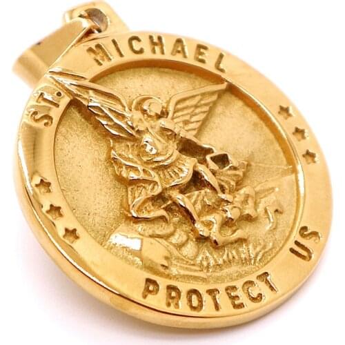 Unisex 316L Stainless Steel Star SAINT MICHAEL PROTECT Gold-Color Pendant