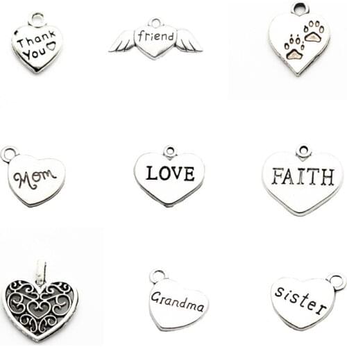 Hot selling 12pcs/lot Silver Alloy heart Love friend mom Dangle Charms Lobster Clasp Hanging Charm fit Bracelet&Pendant Necklace