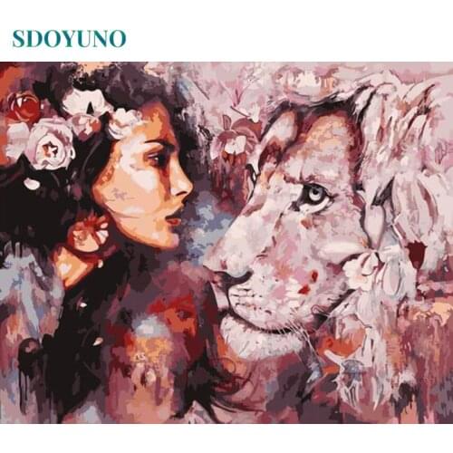SDOYUNO 60x75cm Painting By Numbers Frameless Oil Painting On Canvas DIY Women and Lions Pictures By Numbers Home Decoration
