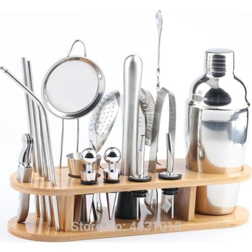 Cocktail Shaker Set 18 Bartender Kit Piece Professional Stainless Steel Home Bar Tools Barware with Stylish Bamboo Stand 750Ml
