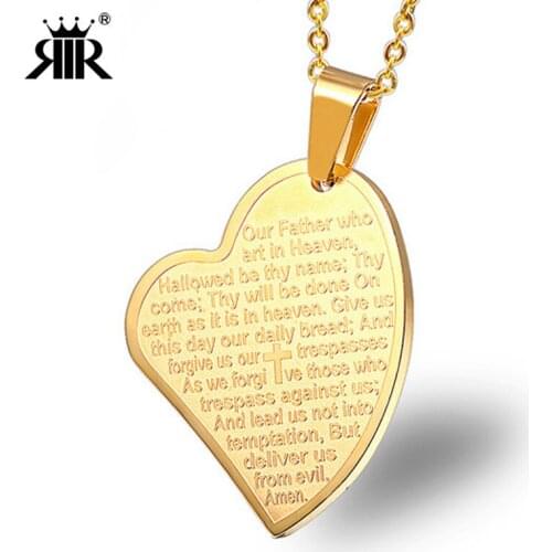 RIR Heart Shaped Prayer Stainless Steel Pendant Necklace Dog Tag Religious Jewelry with Bible Verse