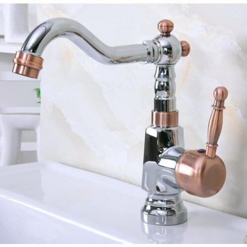 Polished Chrome Antique Red Copper Brass Single Handle One Hole Bathroom Basin Kitchen Sink Swivel Spout Faucet Mixer Tap mnf915