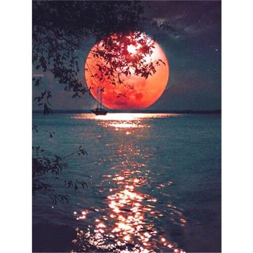 Full Square Drill Diamond Embroidery Mosaic Moon Night Ocean Diamond Painting 5d Landscape Set Home Decor