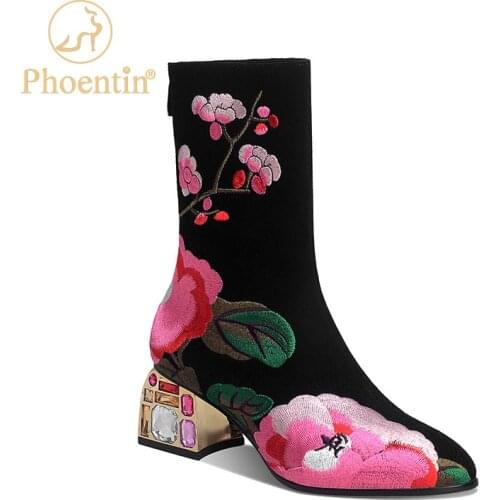 Ethnic style floral embroidered short boots Womens Ankle Booties Genuine Leather Zipper boot Rhinestone High Heels Shoes FT1309