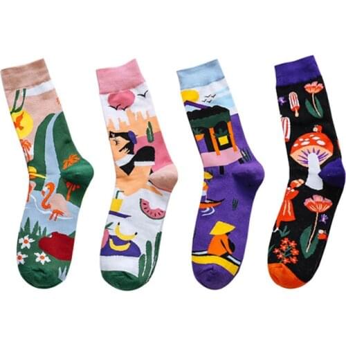 Q Cotton 1Pair Nice Gift Street Japanese Style Sock for Women Colorful Print Mid Tube Socks Long Socks Breathable