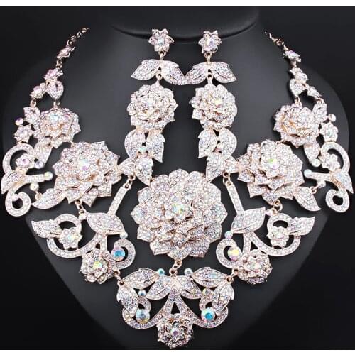Luxurous Indian Bridal Jewerlry Sets Big Flowers Drop Earrings Statement Necklace Set Wedding Party Costume Jewellery for Women