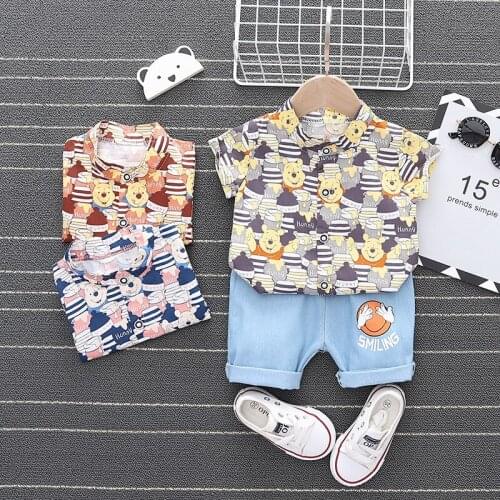New Summer Baby Boys Fashion Clothes Sets Toddler Girls Cartoon Bear Fully Print Shirt+denim Shorts Kids Outfits Casual Clothes