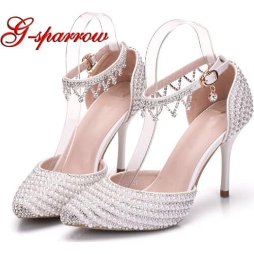 New Designer Ankle Strap Bride Shoes 3 Inches High Heels Pointed Toe Wedding Dress Shoes Performance Stage Shoes White Pearl