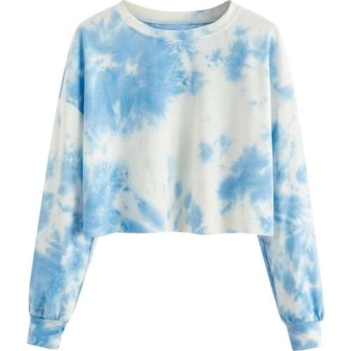 Tie-Dye Print Crop Tops Harajuku Anime Cropped Hoodies For Teen Girls Casual Loose Crewneck Blouse Shirt Women Clothes Moletom