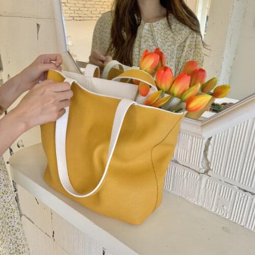 Large Capacity Women Daily Tote Bag Soft PU Leather Ladies Big Shoulder Bags Fashion Yellow Double Sided Female Purse Handbags