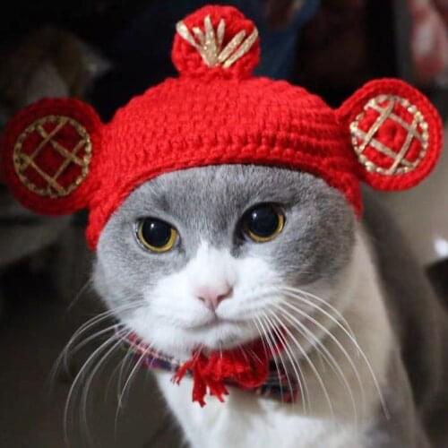 Cat Knitted Hat Pet Funny Lucky Officer Hat Handmade Woolen Hat Jewelry Cat Clothing Toy