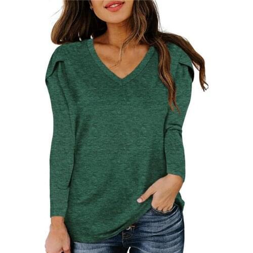 Women Loose T-Shirt Petal Long Sleeve V Neck Solid Color Autumn Office Lady Casual Top 2021