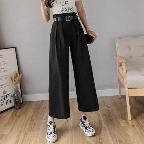 2020 Spring Summer High Waist Pants Women Casual Loose Wide Leg Pant Black White Korean Style Ladies Straight Trousers with Belt