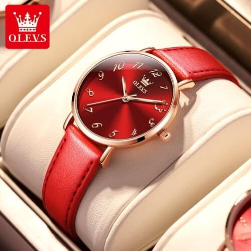 OLEVS Casual Women Wine Red Wrist Watch Leather Fashion Designer Elegant Ladies Clock Simple Dress Gfit Montre Femme