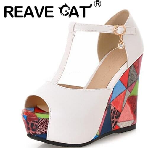 REAVE CAT 2021 Wedges Sandals T Wrap Peep Toe Buckle Strap Geometric Platforms Cover Heel 11cm Size 34-39 White Blue Pink A4254