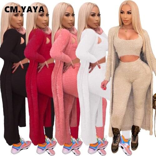 CM.YAYA 3 Pieces Set Women Fall Winter Fitness Outfits Coat+Top + Jogger Pants Suits Overalls Street Active Fleece Tracksuit