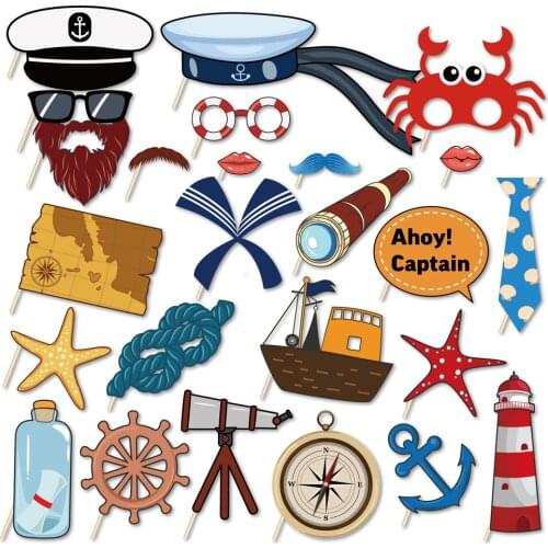 25pcs Baby Shower DIY Nautical Sailing Captain Photobooth Props Happy Birthday Captain Party Decorations Kids Party Favors