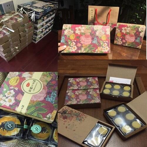 30pcs In/ 115x115x50mm/180x60x240mm Hundred Flowers 4/6pack Kraft Paper Cardboard Boxes For Mooncake, 4 Styles, Take Out Bag