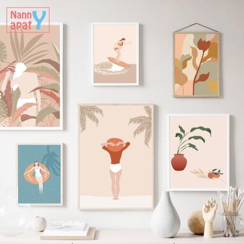 Abstract Wall Art Canvas Painting Boho Woman Swim Surf Plant Leaf Nordic Posters and Prints Wall Pictures for Living Room Decor