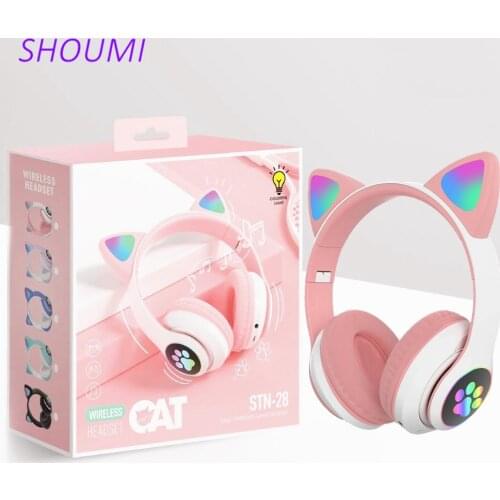 STN-28 Flashing LED Cute Cat Ears Headphone Gift Bluetooth Wireless Headset Kid Gifts with Mic MP3 FM Girl Stereo Music Earphone