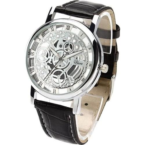 Fashion Business Skeleton Watch Men Engraving Hollow Reloj Hombre Dress Quartz Wristwatch Leather Band Women Clock Relojes Mujer