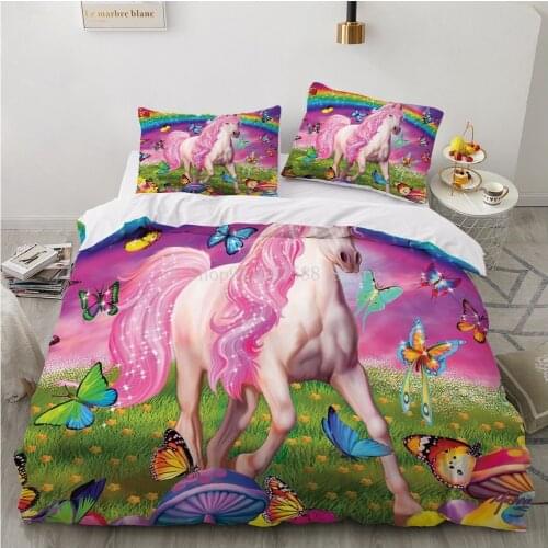 Cartoon Pink Horse Bedding Set For Children Kids Baby Duvet Cover Set Europe Single Double Animal Dinosaur Bed Linens