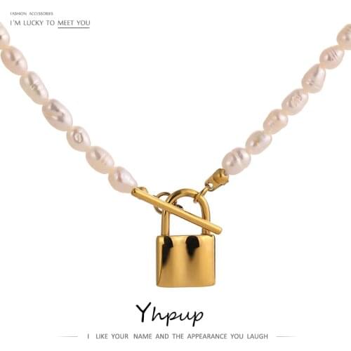 Yhpup Elegant Natural Pearl Lock Pendant Necklace Titanium Steel Jewelry Temperament Stainless Steel 18 K Plated Choker Necklace