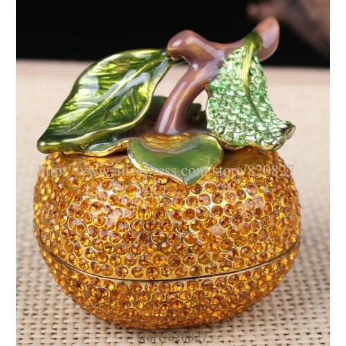 CRYSTAL ORANGE ENAMELED FRUIT TRINKET BOX YELLOW TRINKET BOX PAINTED FRUIT JEWEL TRINKET BOX FRUIT SHAPED DISPLAY ORNAMENT