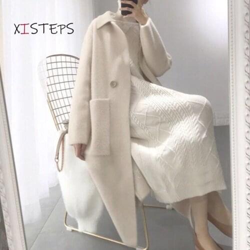 Thicken Loose Knitted Cardigans Women Long Pockets Loose Knitting Overcoats Black Beige Ladies Fake Mink Fur Coats Outwear 2021