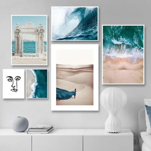Nordic Sea View Decor Canvas Painting Blue Wave Art Letter Line Picture for Living Room Bedroom Decor Background Wall Poster