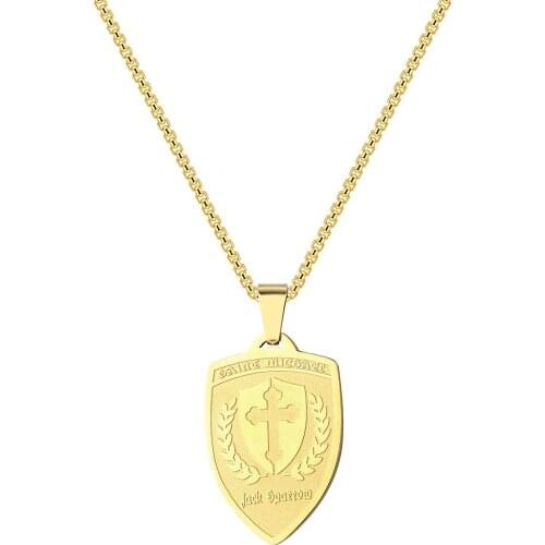 Kinitial Hip Hop Shield Cross Leaf Pendant Stainless Steel Saint Michael Choker Necklaces For Men Women Friends Jewelry Gift