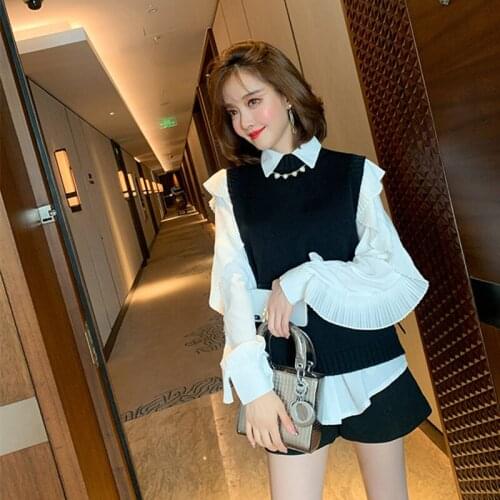 Awarose Pleated Ruffle Lapel Shirt + Knitted Vest 2 Two Piece High Waist Belt High Street Top Ladies Fashion Blouse Spring Set
