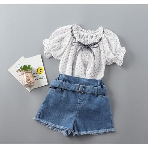 2-7 years High quality girl clothing sets 2019 new summer casual Dot bow kid children girl clothing shirt+demin pant 2pcs