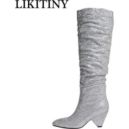 LIKITINY 2021 Spring Autumn Fashion pointed toe Slip on Womens shoes Sexy Black cone heels full Genuine leather Knee high boots