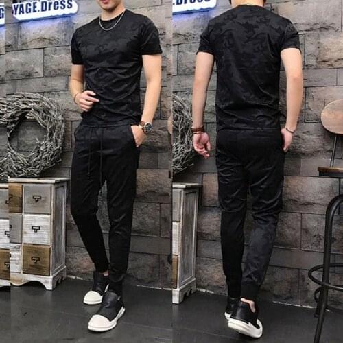 Camo Outfits Mens 2021 New Summer Korean Fashion Handsome Ice Silk Sports Leisure Short Sleeve Outfits