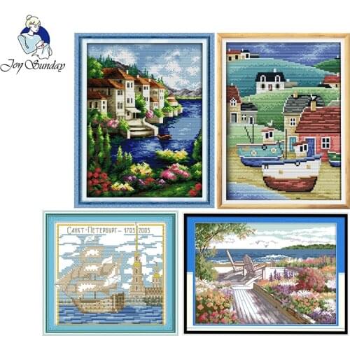 Joy Sunday Seaside scenery series DIY14CT counted patterns printed cross stitch kit DMC fabric Chinese needlework embroidery set