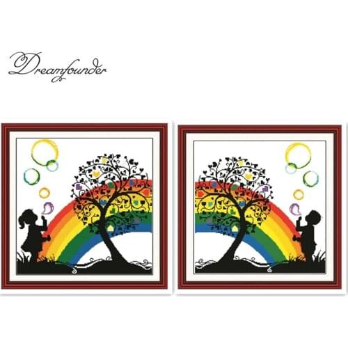 Rainbow bubble cross stitch kit boy girl people 18ct 14ct count fabric canvas stitches embroidery DIY handmade needlework plus