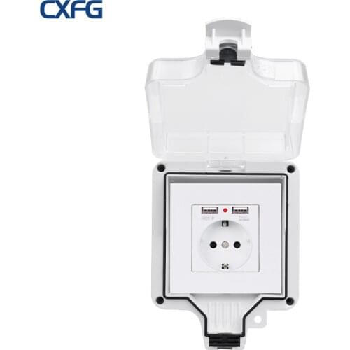 CXFG Outdoor 86 Model Wall Switch Socket IP66 Weatherproof Power Socket EU Standard With 2 Ports USB Charging Socket