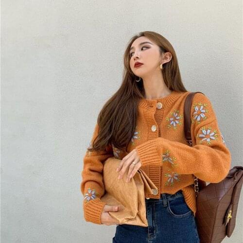 Korobov 2021 New Japanese Embroidery Sweet Women Cardigans Korean Chic Knit Long Sleeve Cardigan Vintage O Neck Cardigan