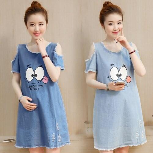 OkayMom Summer Maternity Dress Clothes Korean Maxi Loose Retro Ripped Pregnant Denim Dresses Pregnancy Wear Vestidos Clothing