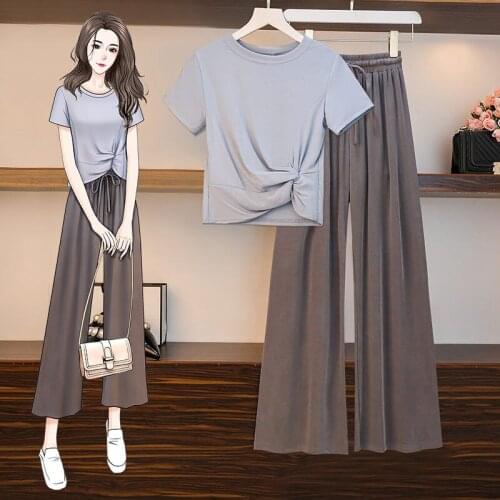 Plus Size Womens Summer Set 2021 Casual Short Sleeve T-Shirt + Wide-Leg Trousers Two Piece Suit Loose Tracksuit Outfits zh398