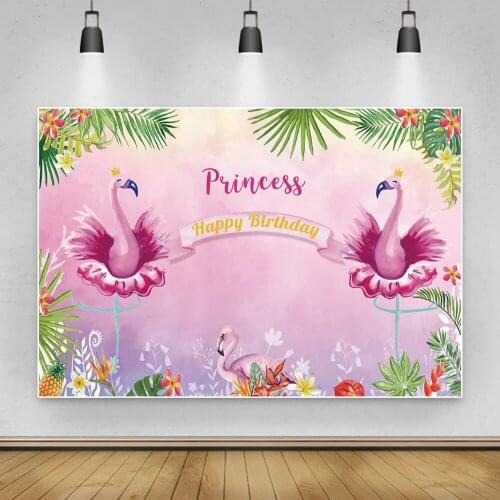 Pink Tropical Princess Flamingo Birthday Party Summer Palms Tree Flower Custom Poster Portrait Photo Background Photo Backdrops