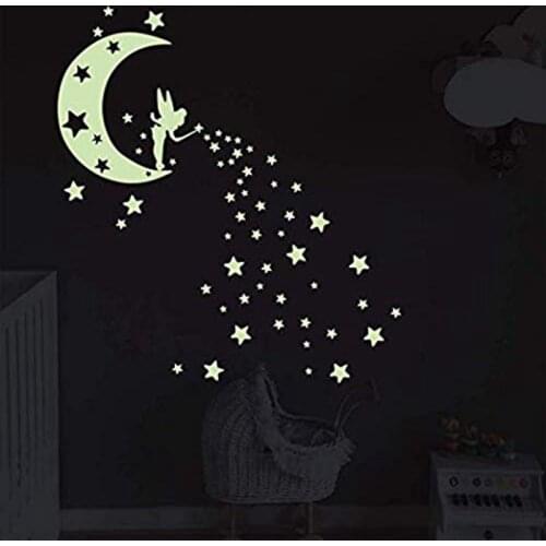 Fairytale Fairy Moon and Stars Wall Decals Glow in The Dark Peel DIY Luminous Vinyl Mural Decor Home Wall Stickers for Kids