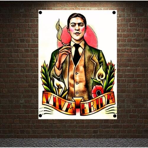 VIVA FRIDA Tattoo Banners Vintage Canvas Painting Wall Art Print Posters Home Decor Mural Hanging Flags 4 Gromments in Corners
