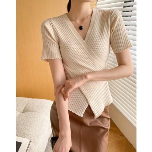 Tops Korean Fashion Basic Simplee V Neck Pullovers Office Y2k Knit Top Slim Sweaters Summer 2021 Womens Clothing Jumper Sweater