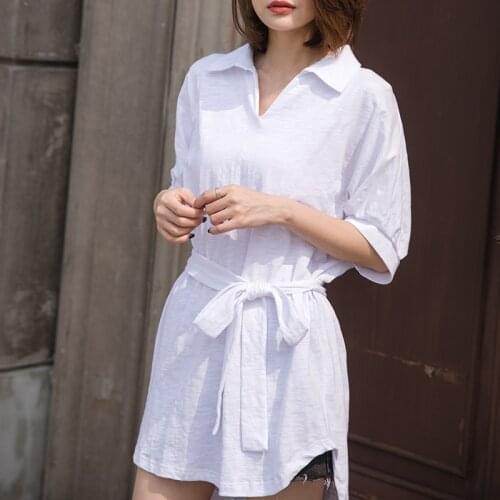 Cotton 100% White Women T-Shirts Summer New Design 2021 Solid V-Neck Sashes Slim Elegant Female Pulls Tops Tees