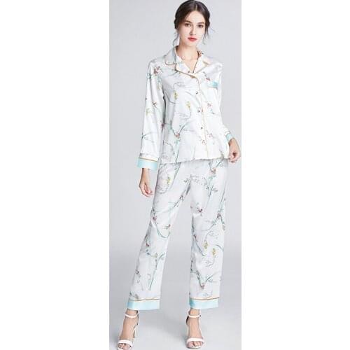 Womens Pajamas Spring 2021New Summer Trouser Suits Silk Print Home Sleepwear Thin Section Clothing Nightie 2psc Set Loungewear