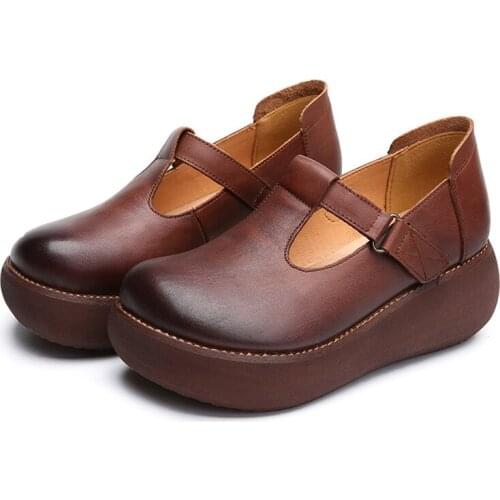 New comfortable womens leather handmade casual shoes versatile thick soles top layer cowhide single shoe fashion