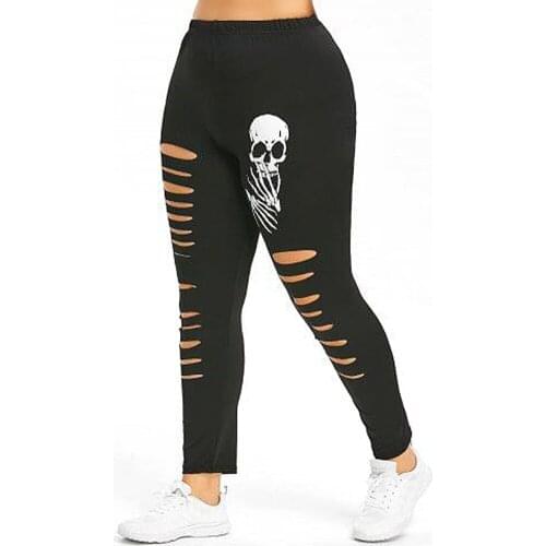 Plus Size Skull Print Ripped Leggings Sexy Women Hollow Out Gothic Leggings Fitness Skinny Push Up Casual Bottoms Clothes