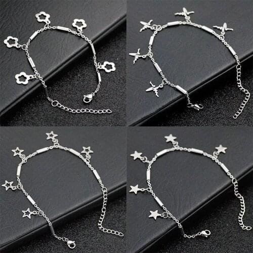 New Stainless Steel Pentacle Star Charm Bracelet for Women Silver Color Link Chain Flower Braclets Womens Wristband Jewelry